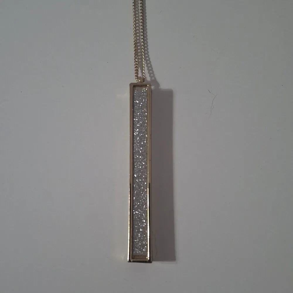 C Sparkly Glittery Bar Gray Silver Gold Tone Geometric Shape Pendant Necklace